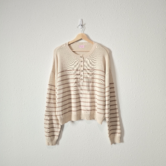 Pink Lily Neutral Striped Henley Sweater 2X - Picture 2 of 6